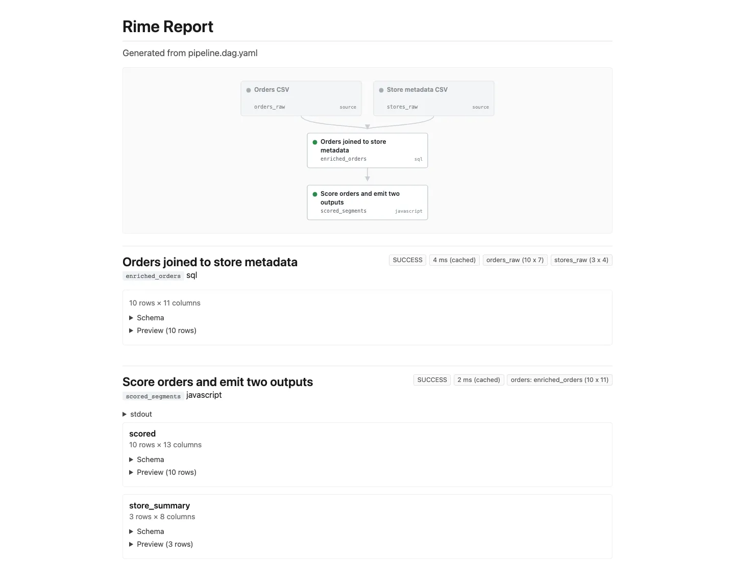 Rime report preview showing the DAG overview, cached nodes, and persisted table outputs.