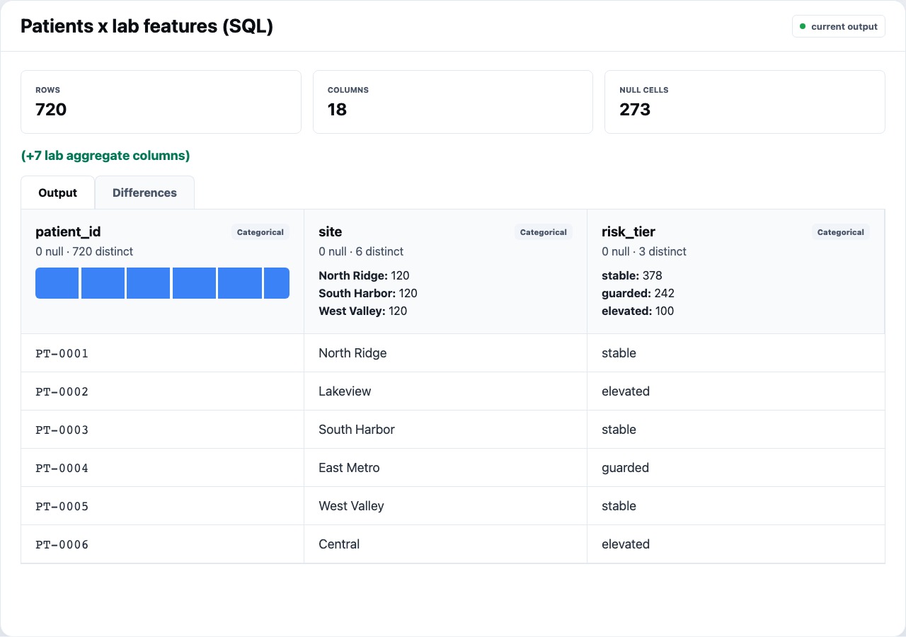 Focused Rime Editor table preview with scan metrics, column profiles, and sampled rows.